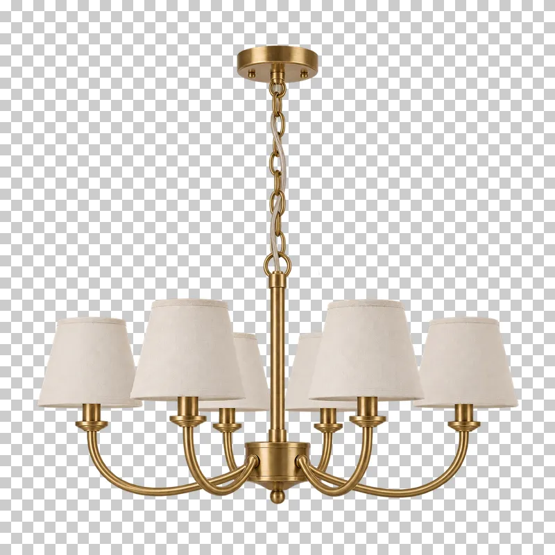 An unlit six arm chandelier with its complete fixture isolated on a transparent background.
