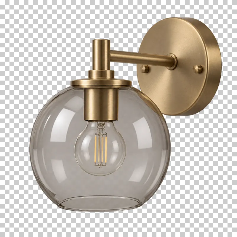 An unlit glass globe wall lamp with its complete fixture isolated on a transparent background.