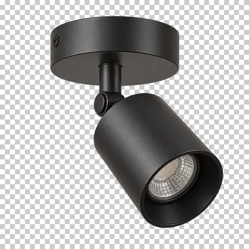 An unlit single surface mounted spotlight with its complete fixture isolated on a transparent background.