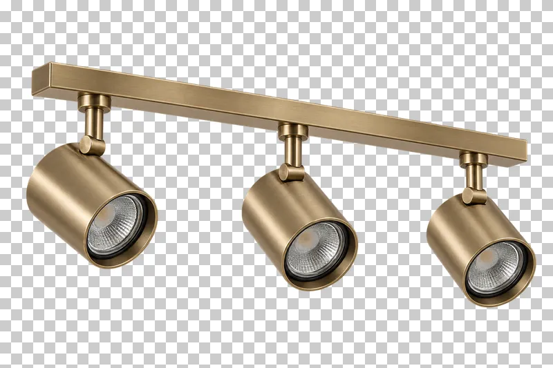 An unlit short track with three spotlights with its complete fixture isolated on a transparent background.