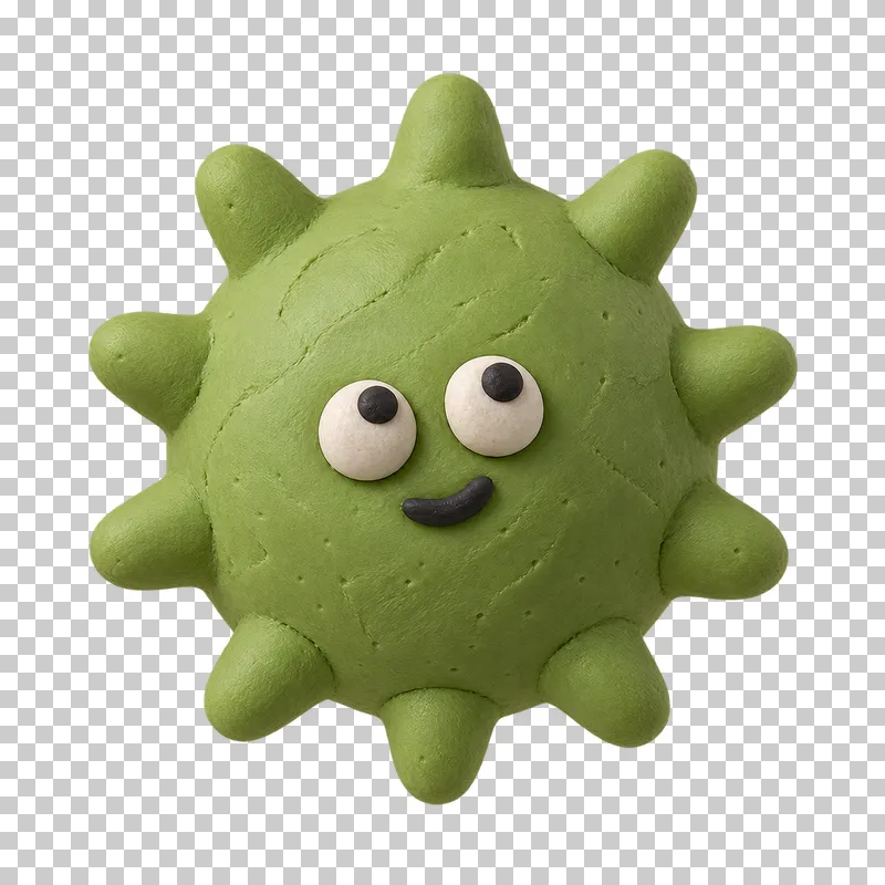 Compact spiked ball in pistachio matte handmade plasticine, with a calm expression.