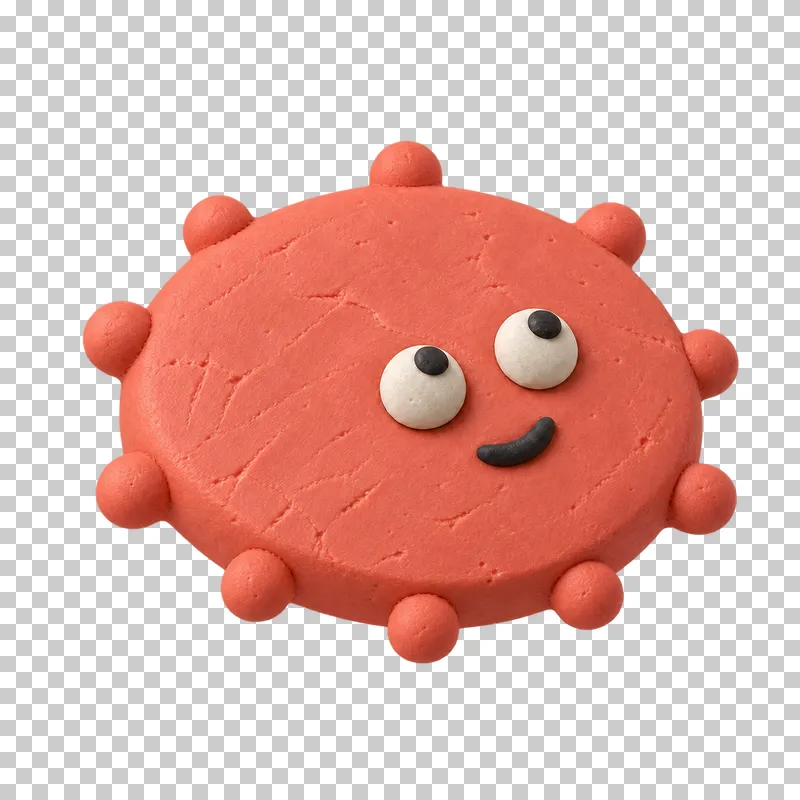 Flattened disc with nubs in coral matte handmade plasticine, with a curious expression.