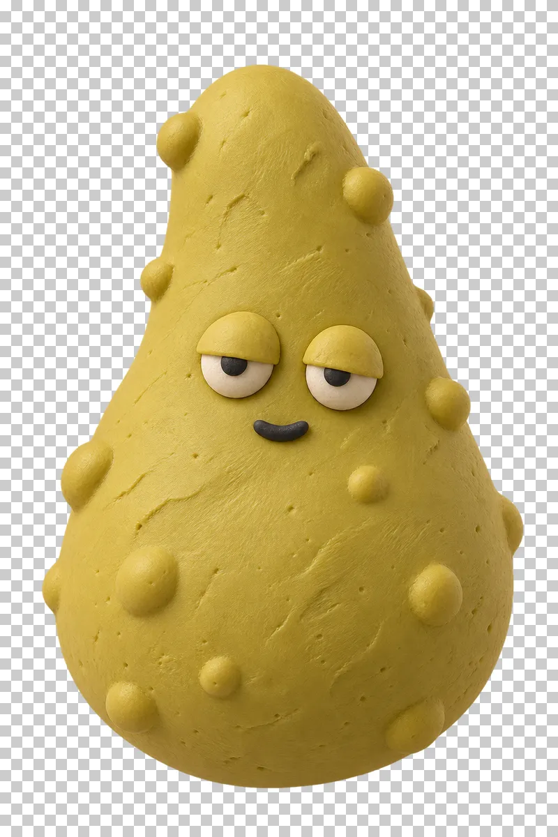 Bumpy pear in mustard matte handmade plasticine, with a sleepy expression.