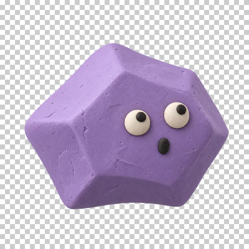 Angular lump with rounded corners in lavender matte handmade plasticine, with a surprised expression.