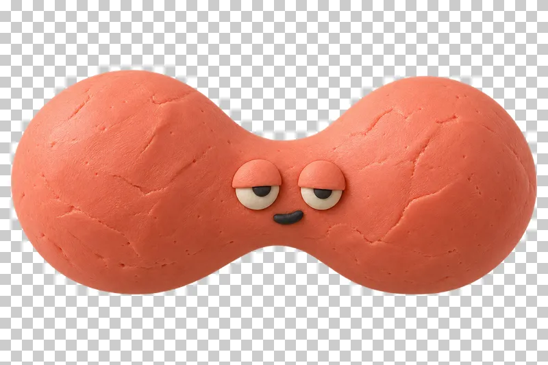 Bilobed microbe in coral matte handmade plasticine, with a sleepy expression.