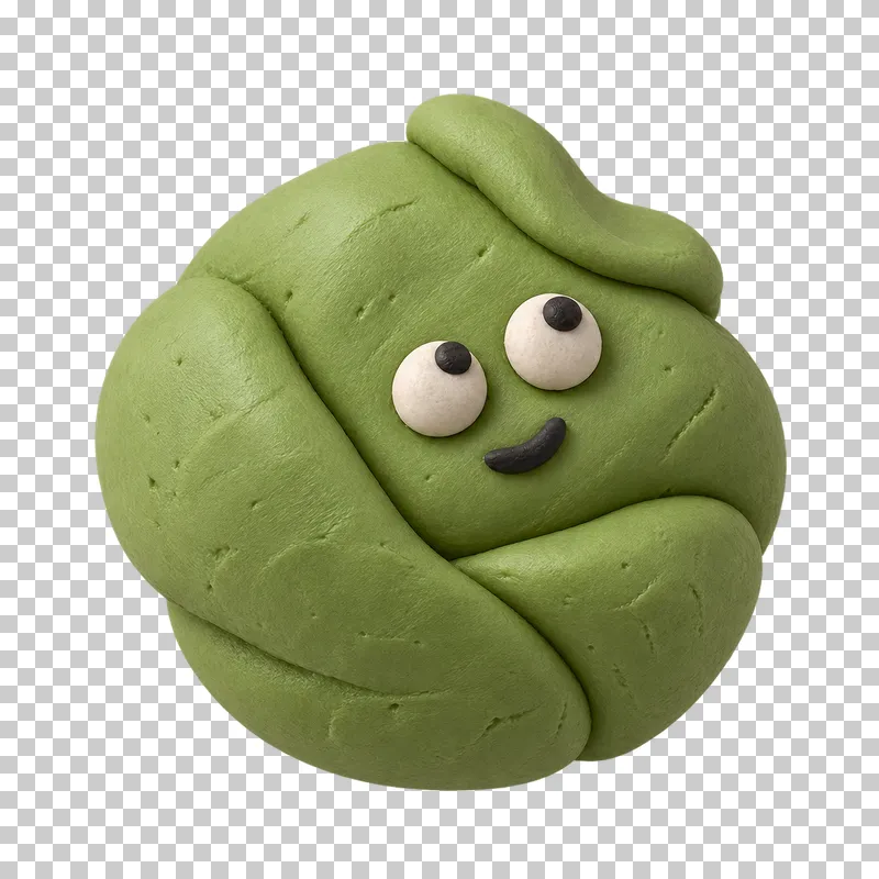 Folded ball with a small crest in pistachio matte handmade plasticine, with a curious expression.