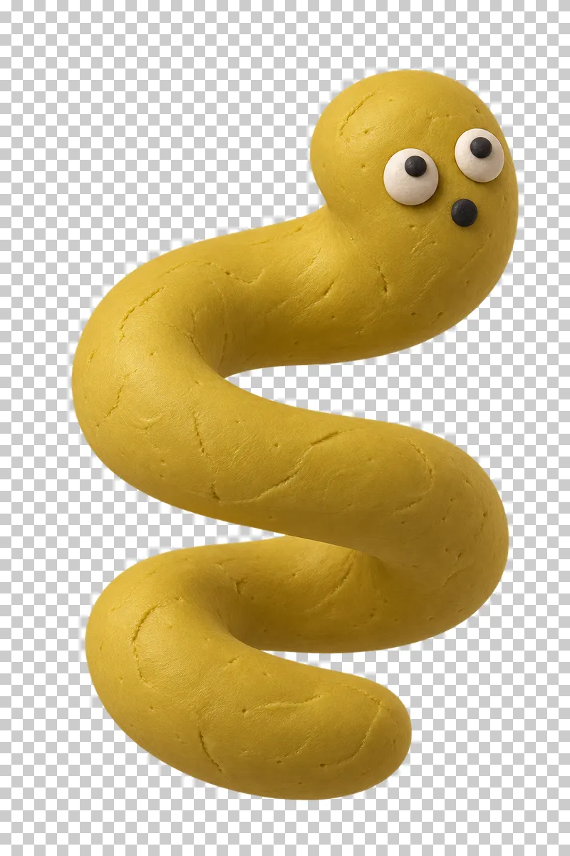 Two-turn spiral in mustard matte handmade plasticine, with a surprised expression.