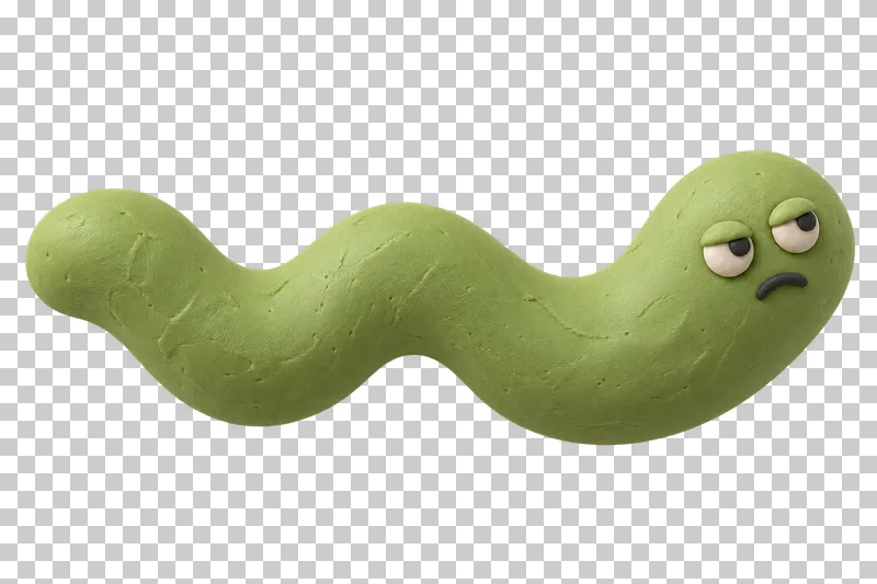 Wavy worm in pistachio matte handmade plasticine, with a mildly grumpy expression.