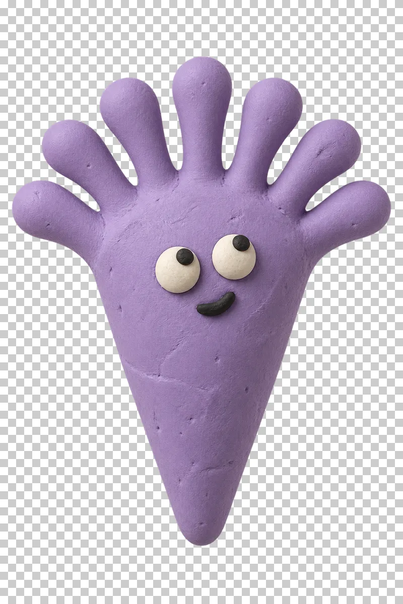 Conical microbe with a fan of projections in lavender matte handmade plasticine, with a curious expression.