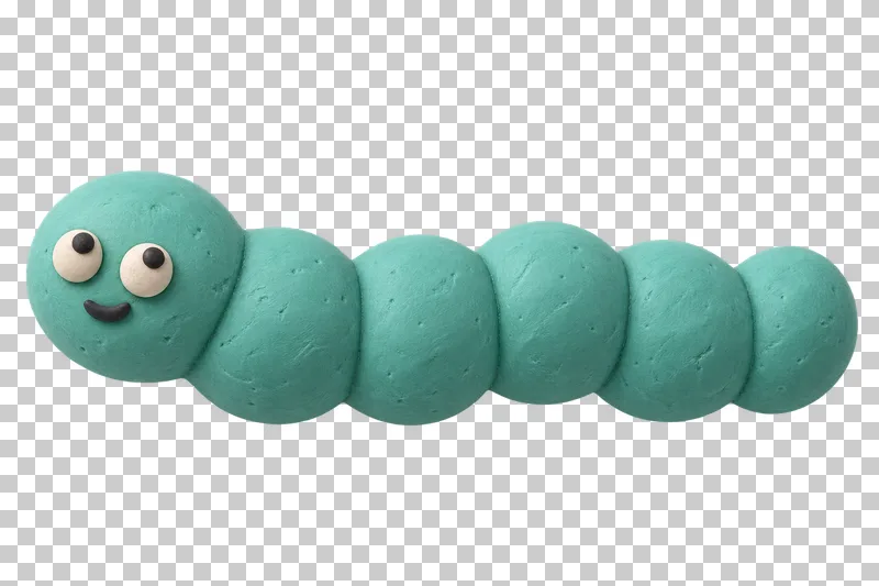 Segmented caterpillar form in turquoise matte handmade plasticine, with a calm expression.