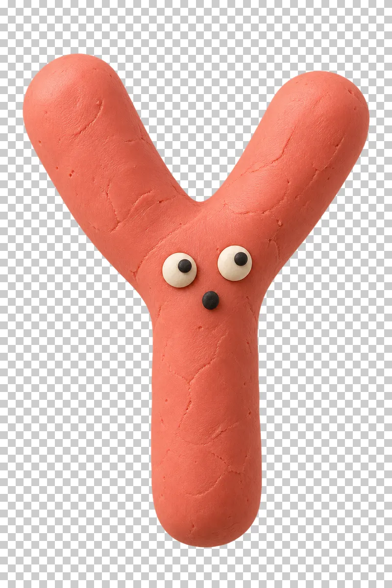 Y-shaped branching rod in coral matte handmade plasticine, with a surprised expression.