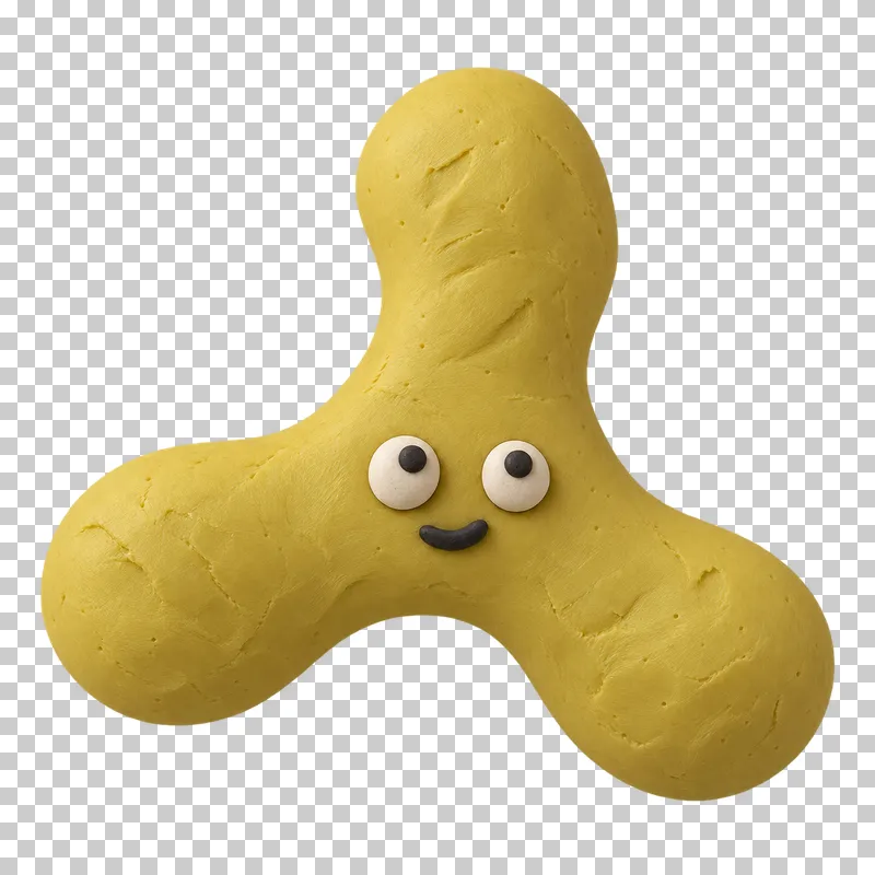 Amoeba with three broad projections in mustard matte handmade plasticine, with a calm expression.