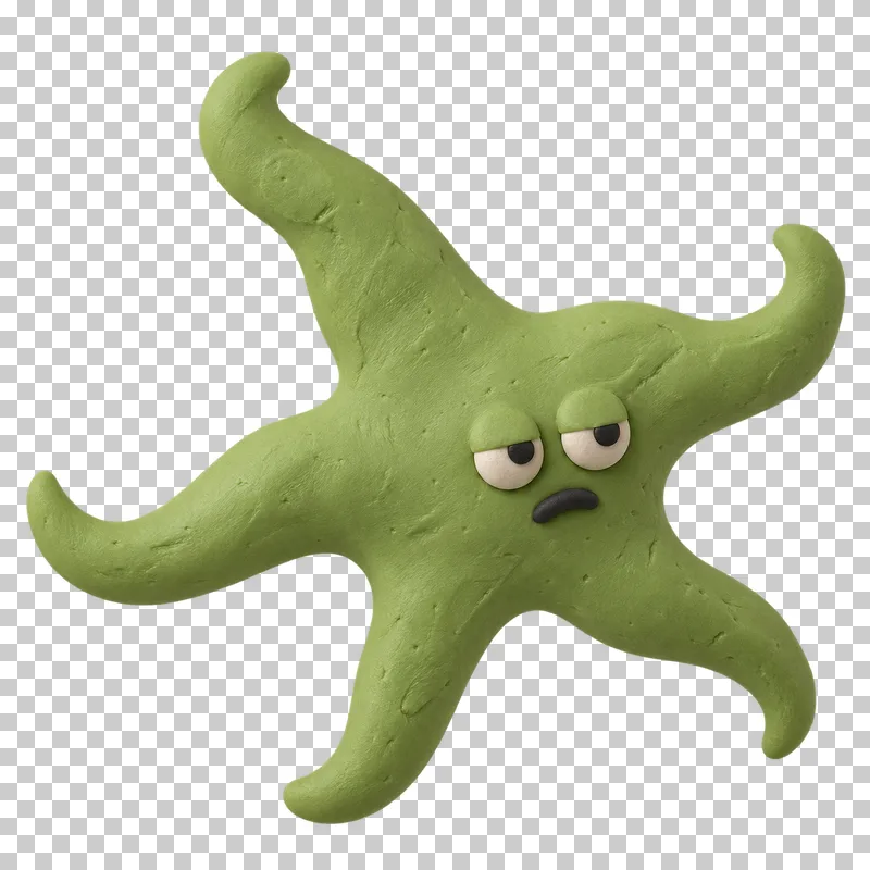 Amoeba with five thin projections in pistachio matte handmade plasticine, with a mildly grumpy expression.