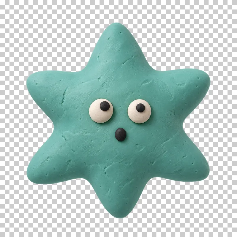 Star-shaped microbe in turquoise matte handmade plasticine, with a surprised expression.