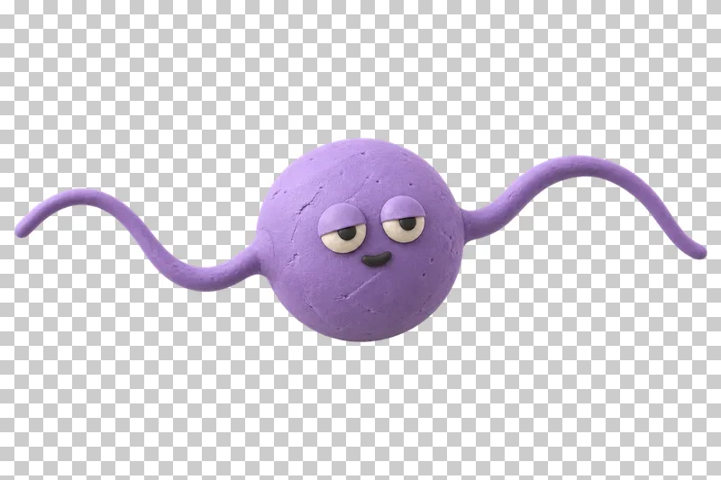 Ball with two long flagella in lavender matte handmade plasticine, with a sleepy expression.
