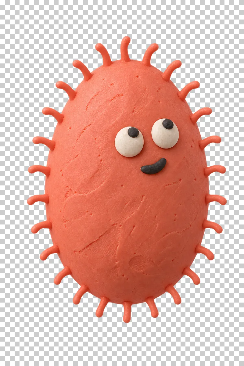Oval with a crown of cilia in coral matte handmade plasticine, with a curious expression.