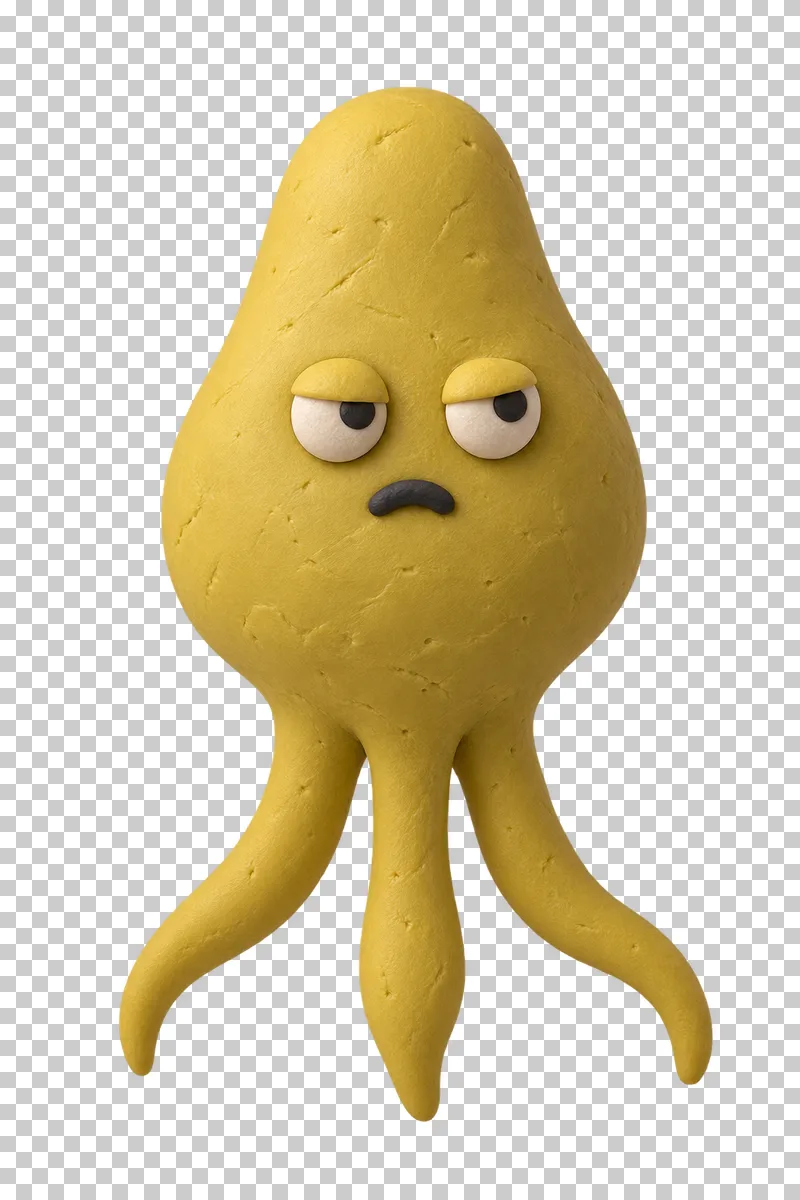 Pear with three tails in mustard matte handmade plasticine, with a mildly grumpy expression.