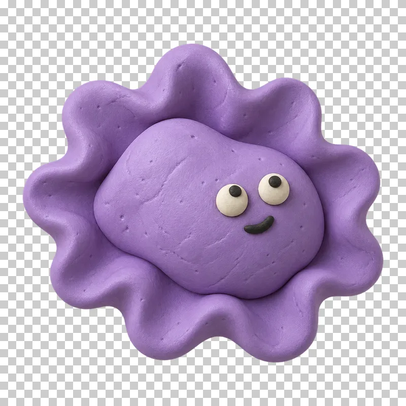 Irregular form with a ring-shaped ruffle in lavender matte handmade plasticine, with a calm expression.