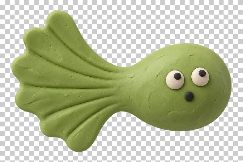 Microbe with a wide fin-like lobe in pistachio matte handmade plasticine, with a surprised expression.