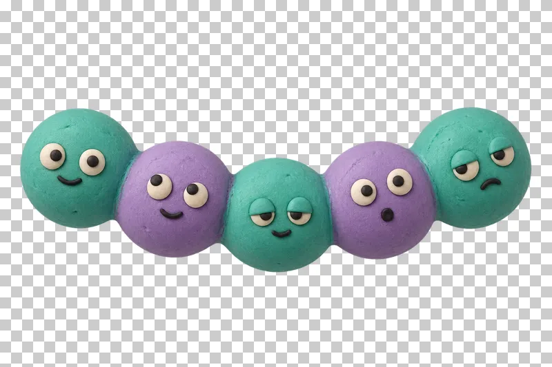Chain of five balls in turquoise and lavender matte handmade plasticine, with a calm, curious, sleepy, surprised, mildly grumpy expression.