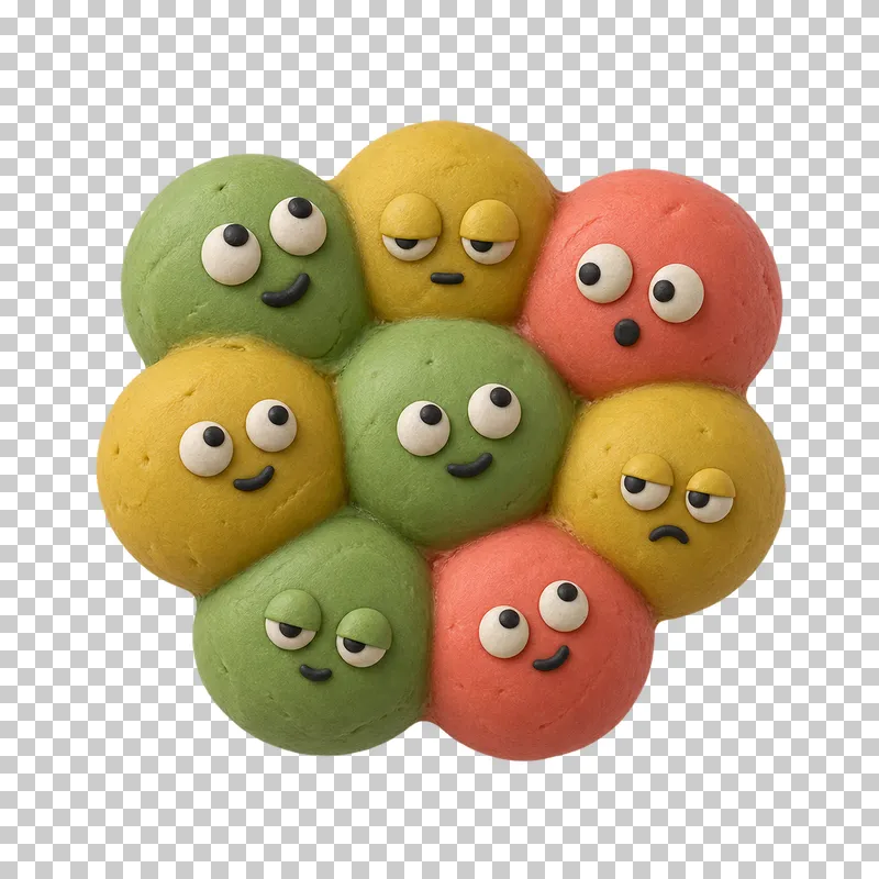 Cluster of eight balls in pistachio and mustard and coral matte handmade plasticine, with a mixed calm, curious, sleepy, surprised and mildly grumpy expression.