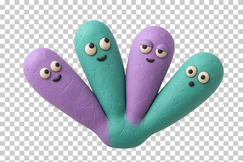 Fan of four rods in lavender and turquoise matte handmade plasticine, with a calm, curious, sleepy and surprised expression.