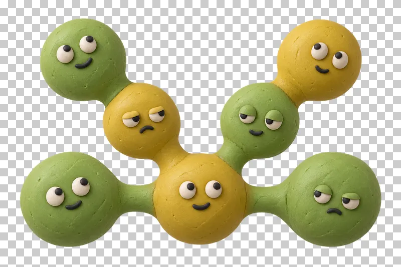 Branching chain in mustard and pistachio matte handmade plasticine, with a mixed calm, curious and mildly grumpy expression.