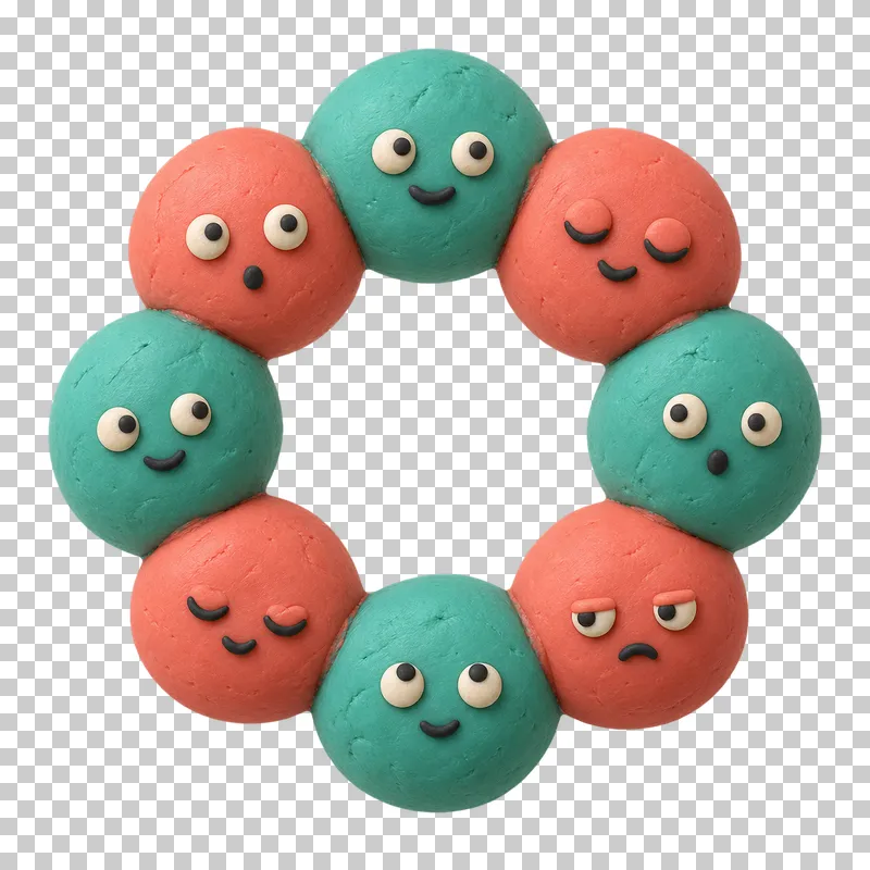 Circular colony with an empty center in turquoise and coral matte handmade plasticine, with a mixed calm, sleepy and surprised expression.