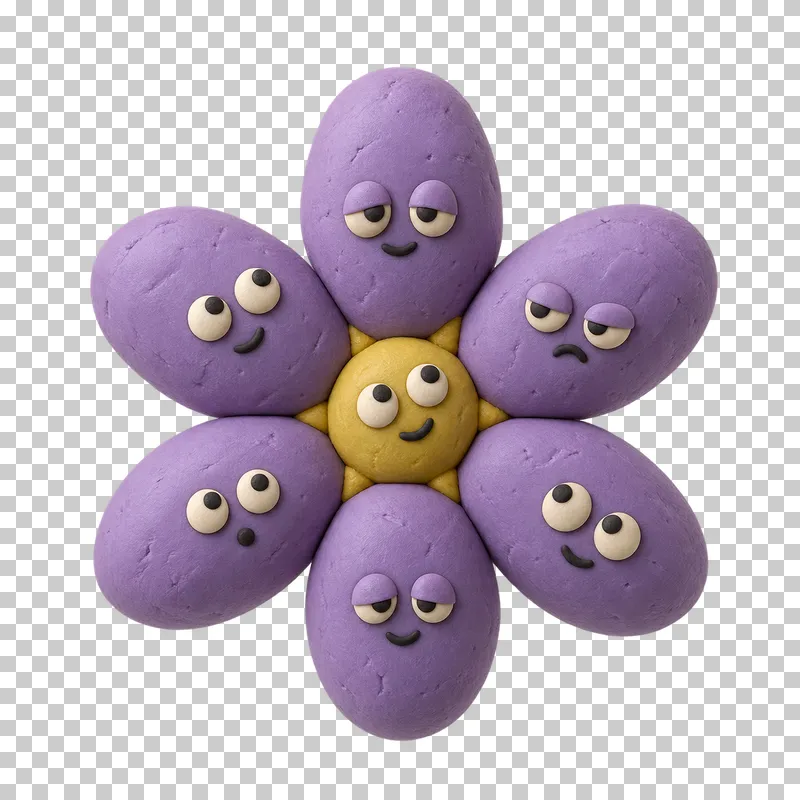 Rosette-shaped colony in lavender and mustard matte handmade plasticine, with a mixed curious, sleepy and mildly grumpy expression.