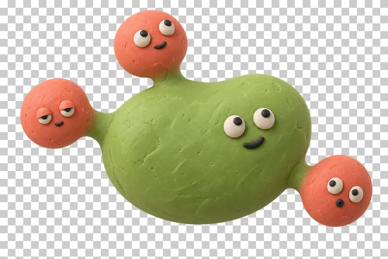Large microbe with three small buds in pistachio and coral matte handmade plasticine, with a calm parent, curious, sleepy and surprised buds expression.