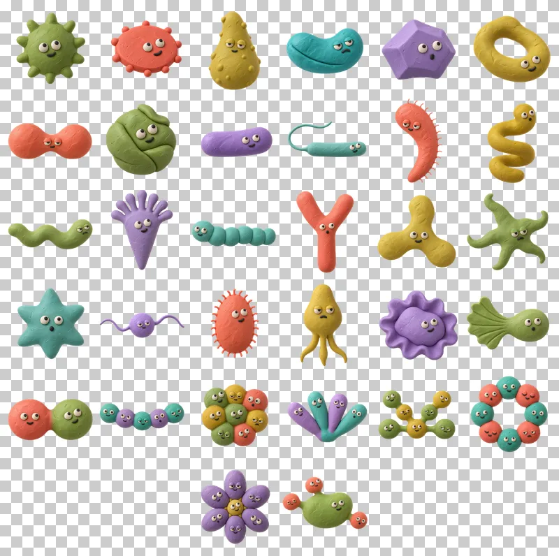Clay Microbe Characters PNG Collection: all 32 elements in one grid