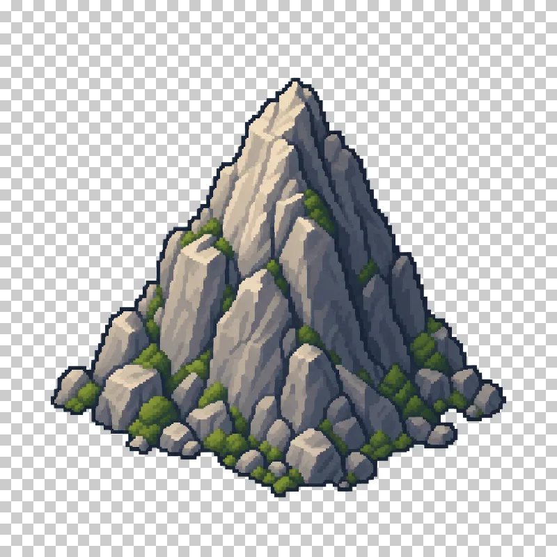 A solitary gray mountain with ochre highlights and small green patches in pixel art.