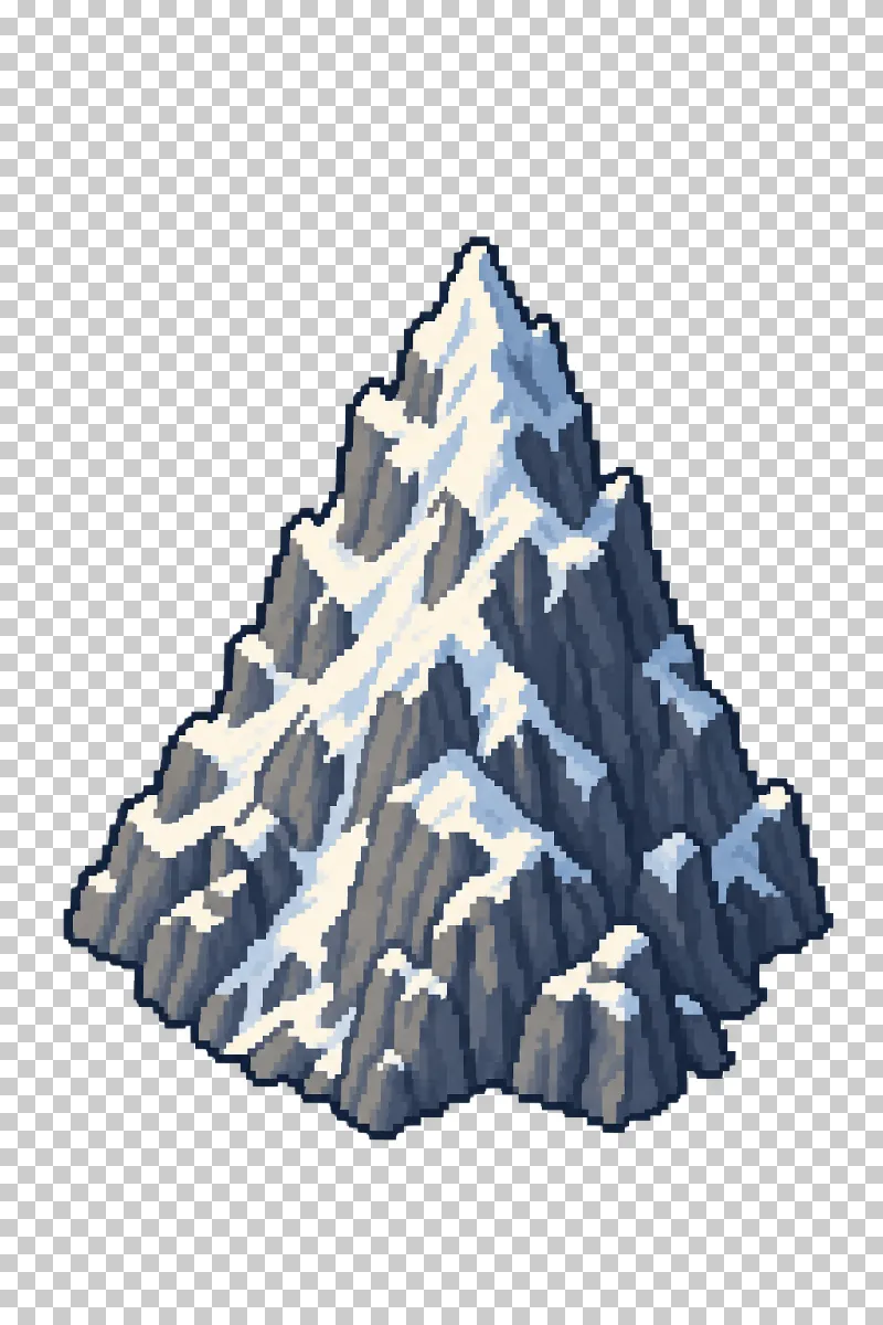 A tall snow-capped gray mountain with blue shadows in pixel art.