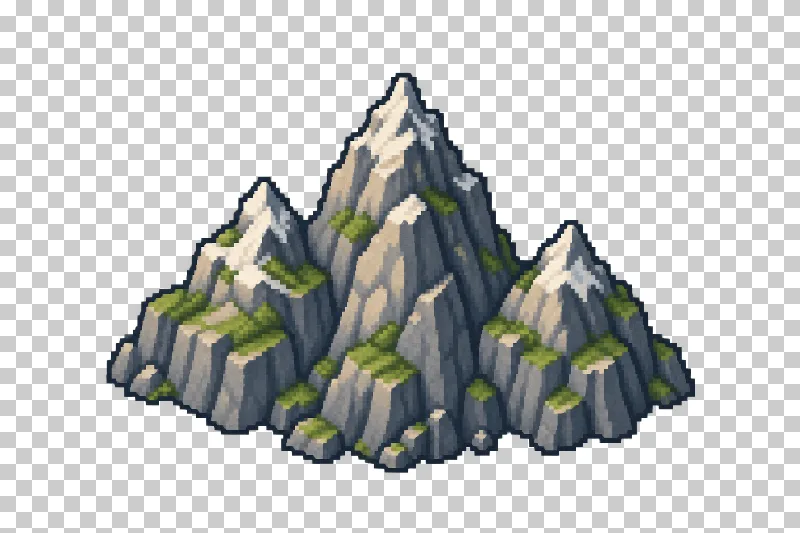 A compact massif of three gray mountains with green vegetation in pixel art.