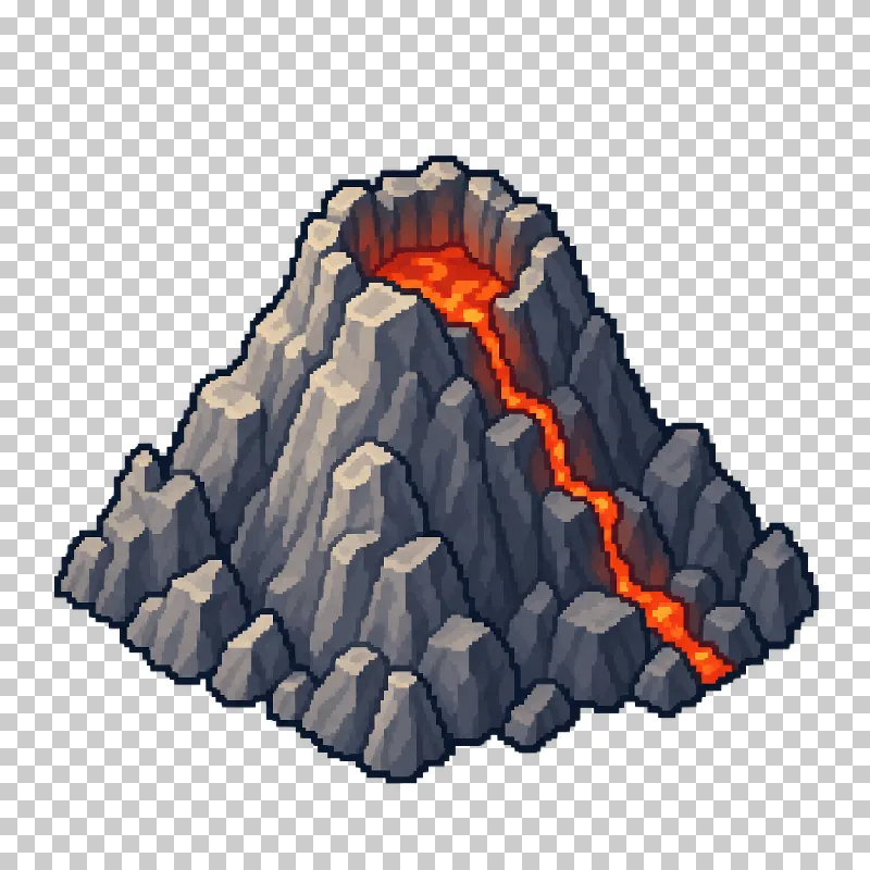 A rocky volcano with an orange-red crater and a lava stream in pixel art.