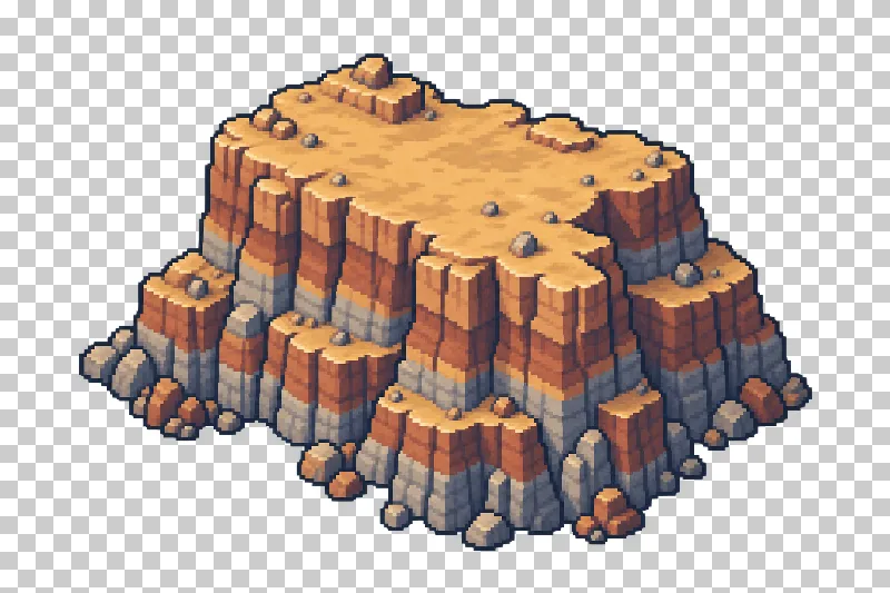 An ochre rocky mesa with steep layered cliffs in pixel art.