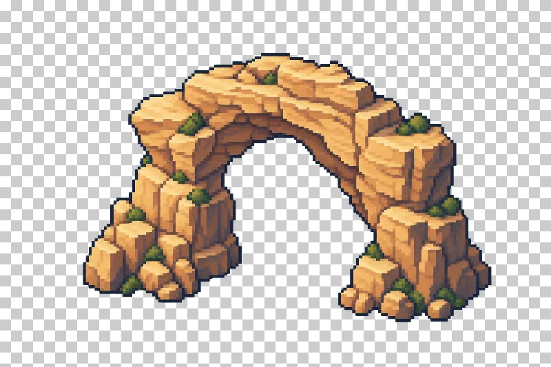 A freestanding ochre rock arch with an open center in pixel art.