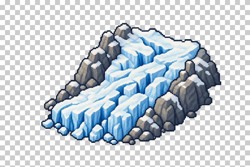 A blue-white glacier bordered by gray rocks in pixel art.
