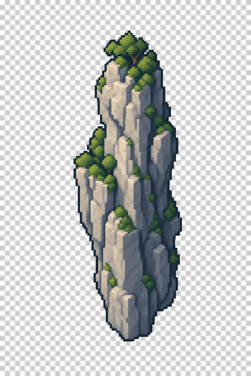 A narrow gray karst pinnacle topped with green vegetation in pixel art.