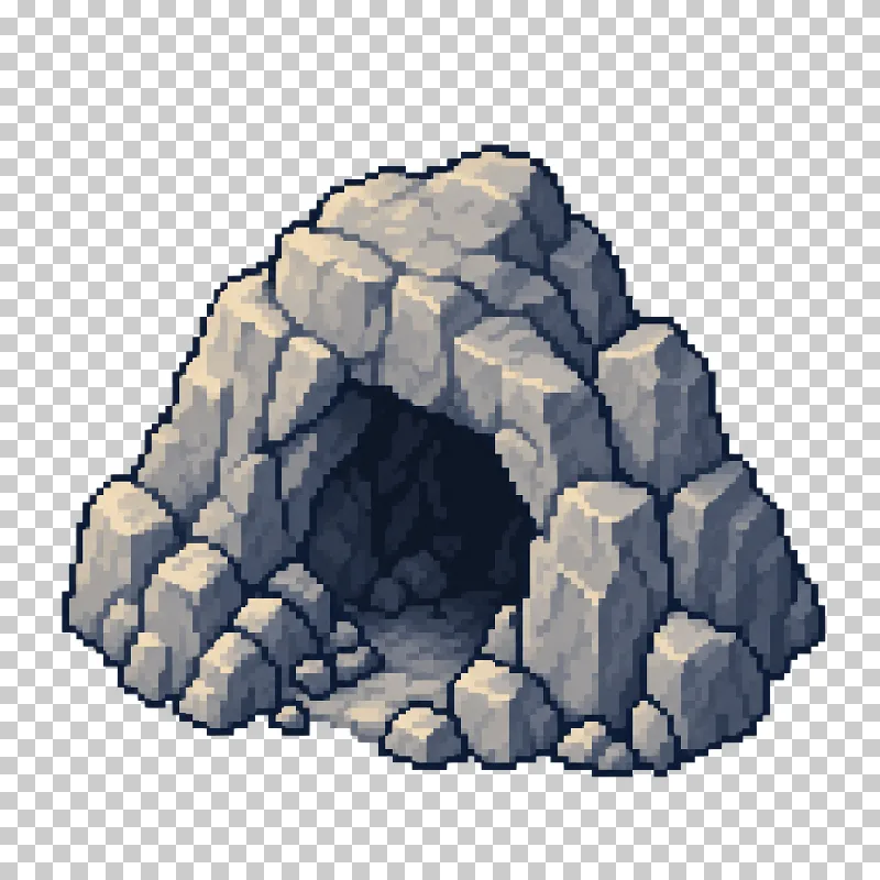 A dark cave entrance set into a gray rocky outcrop in pixel art.