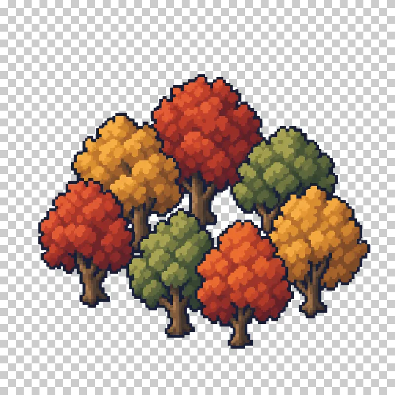 An autumn grove with ochre, green and red foliage in pixel art.