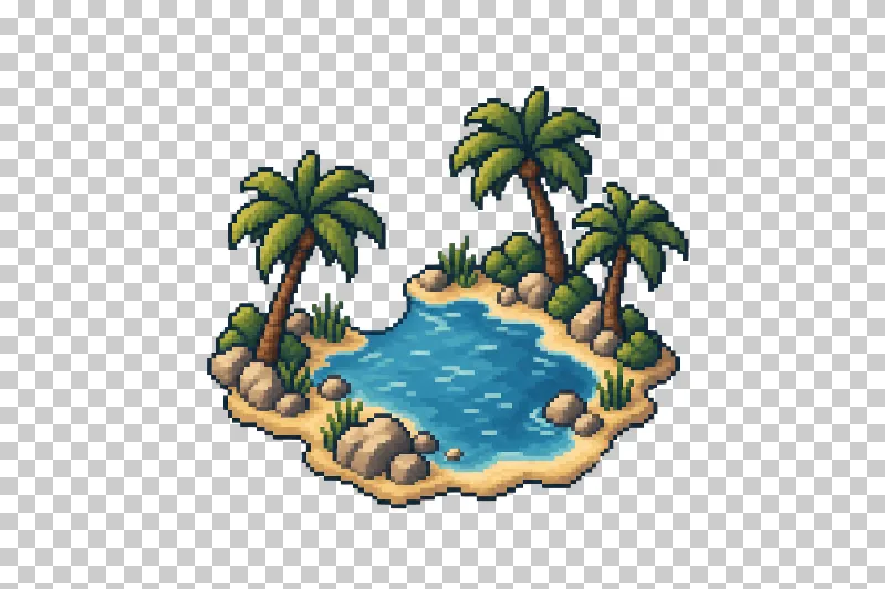 A small oasis with blue water, palms and an irregular sandy shoreline in pixel art.