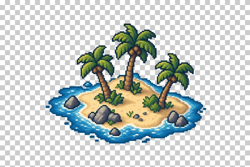 A small sandy island with palm trees and shallow blue water in pixel art.