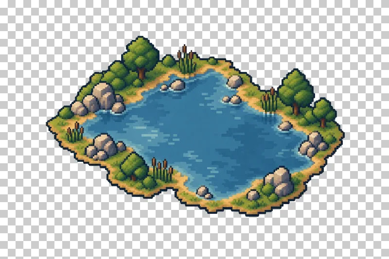 A blue lake enclosed by its own irregular shoreline in pixel art.