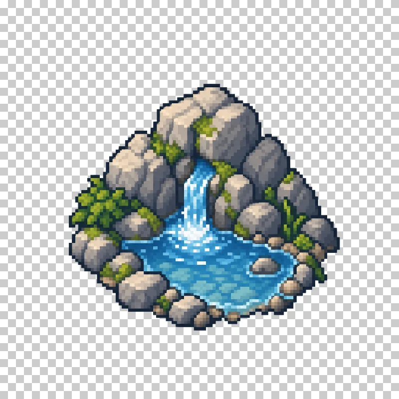 A small blue spring emerging among gray rocks in pixel art.