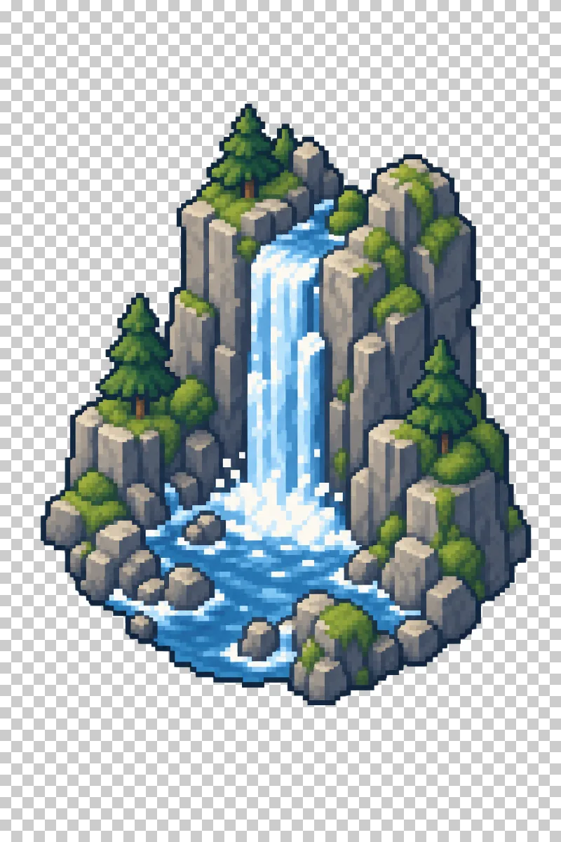 A blue-white waterfall descending a gray rock formation in pixel art.