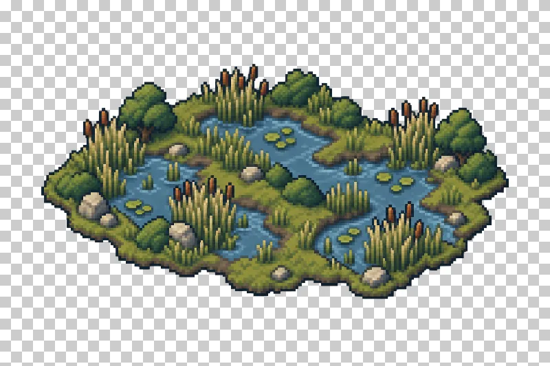 A small irregular wetland with shallow water and marsh vegetation in pixel art.