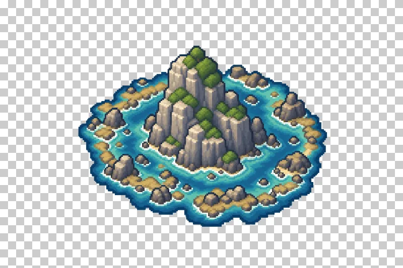 A blue reef surrounding a small rocky islet in pixel art.