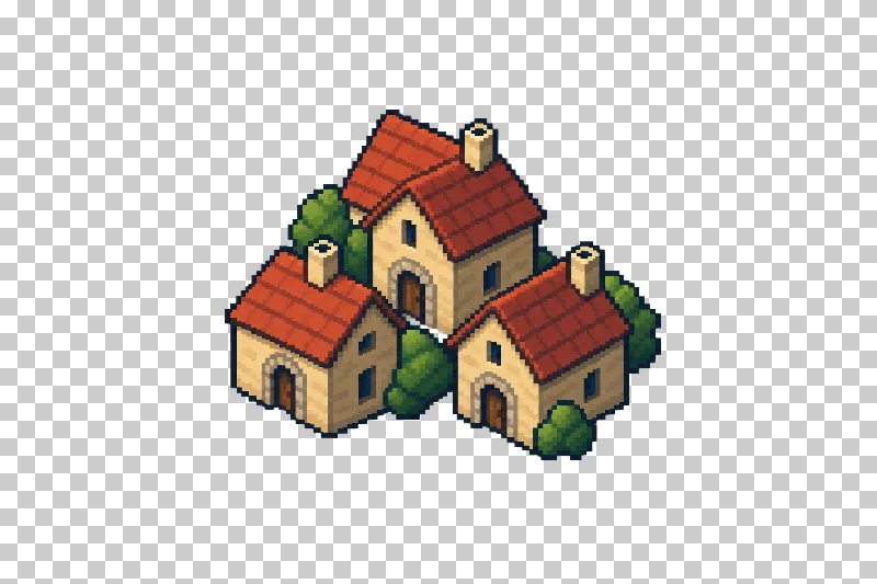 A village of three small houses with brick-red roofs in pixel art.