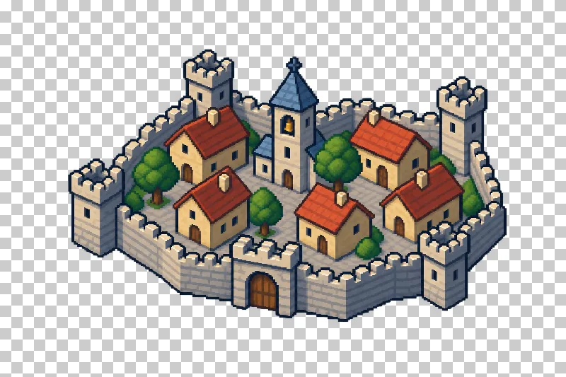 A compact town of brick-roofed buildings enclosed by stone walls in pixel art.